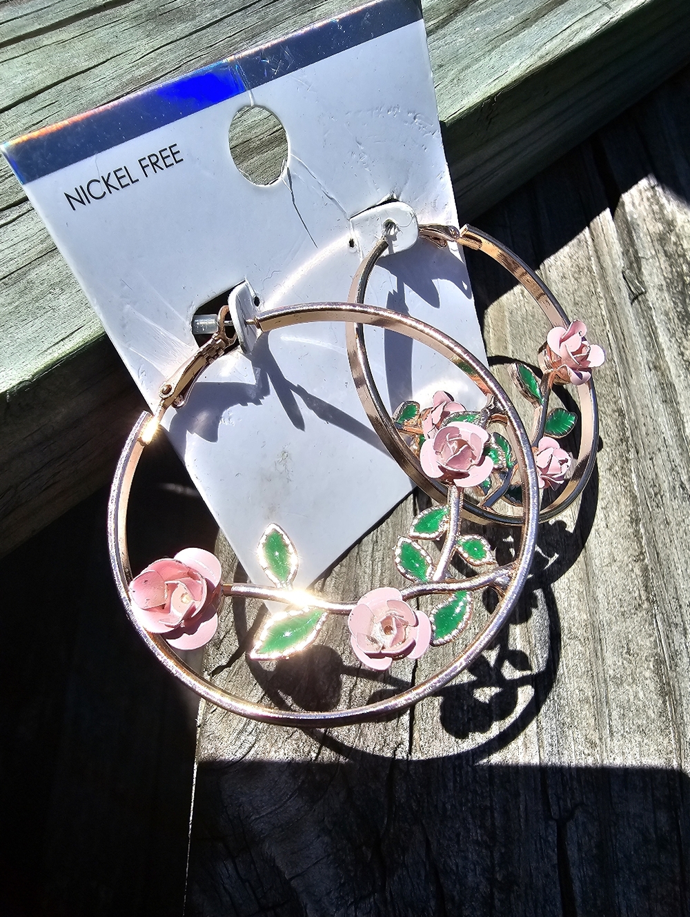 Rose Gold Floral Hoop Earrings Pink Rose Green Leaf Nickel Free NWT - Picture 8 of 10